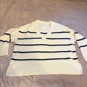 Aerie V-Neck Sweater in Cream with Black Stripes